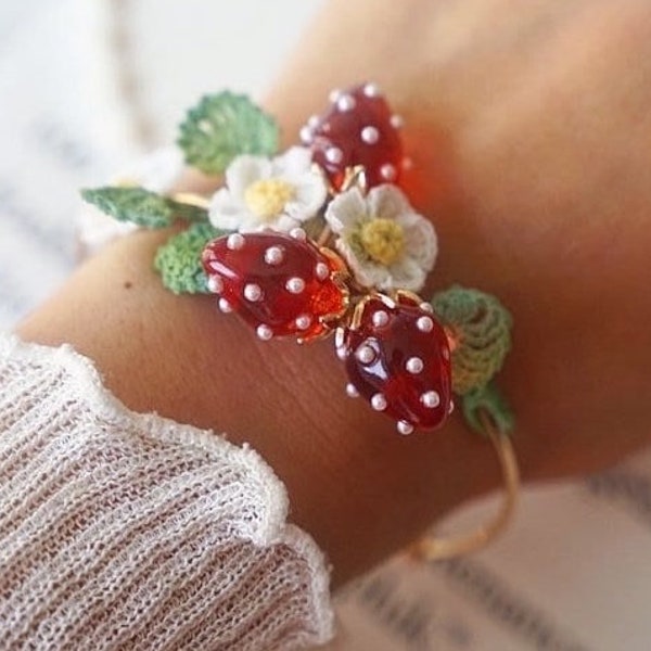 Strawberry flower bangle, Opal bangles, Flower cuff bracelet, Cute gifts, Easter gifts, Kawaii jewelry, Gifts for her, Charm bangles