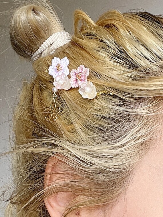 Micro Crochet Cherry Blossom Hair Clips, Handmade Floral Barrettes