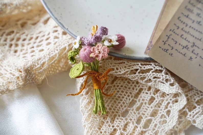 Cosmos violet flower brooch, Wedding flower boutonniere, Microcrochet, Spring flower pin, Floral Gifts for mum, Easter gifts, Thank you gift image 6