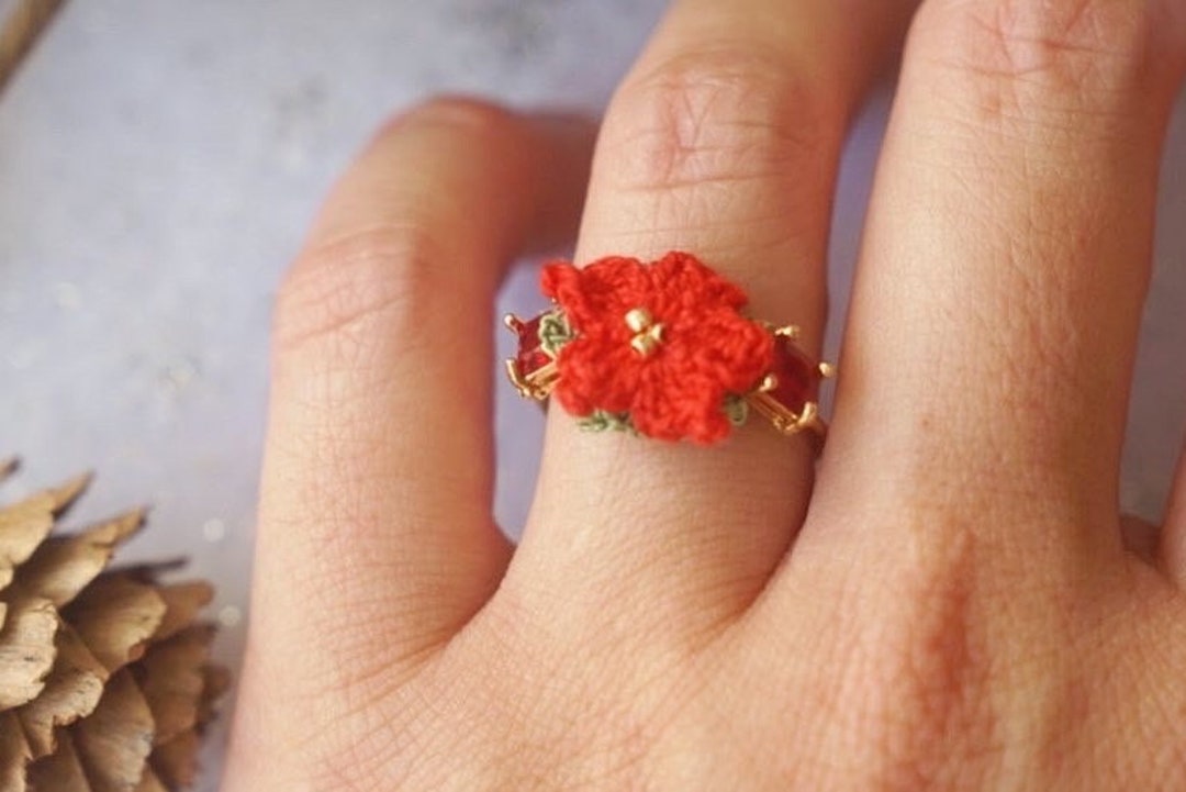Poinsettia Flower Ring, Floral Jewellery, Crochet Jewellery, Red Flower