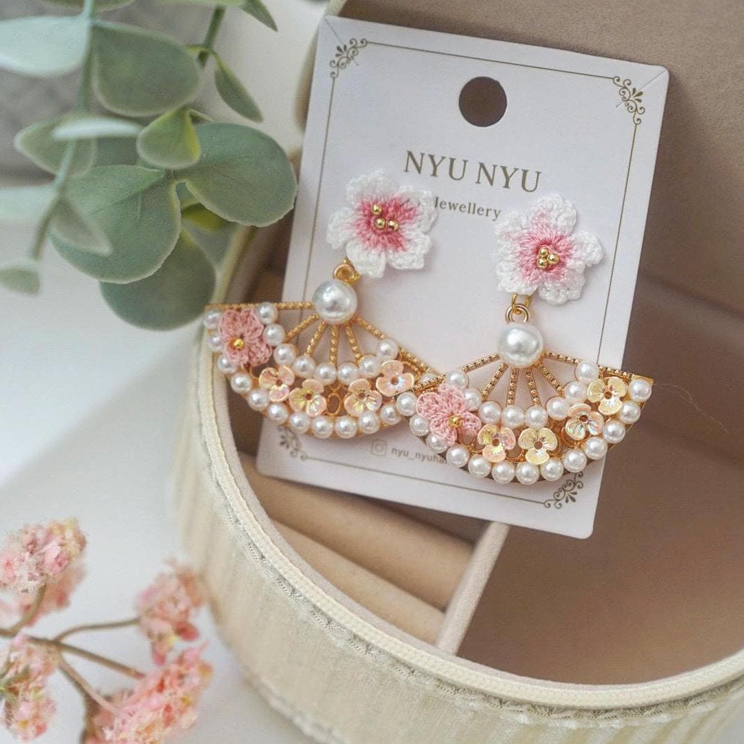 Micro Crochet Cherry Blossom Earrings, 14K Gold-plated, Czech