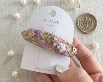 Handcrafted Embroidered Floral Hair Clip, Vintage Gold-plated