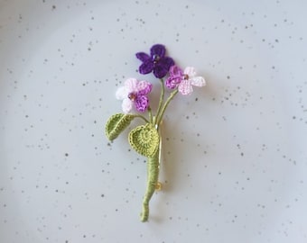 Violet flower brooch, Wedding boutonniere, Floral Gifts for mum, Floral pins, Personalised gifts, Easter gifts, 14k gold, Micro crochet