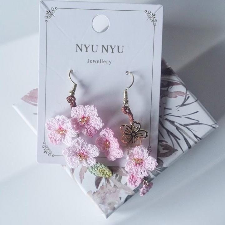 Crochet Cherry Blossom Earrings, 14K Gold-plated Sakura Dangle