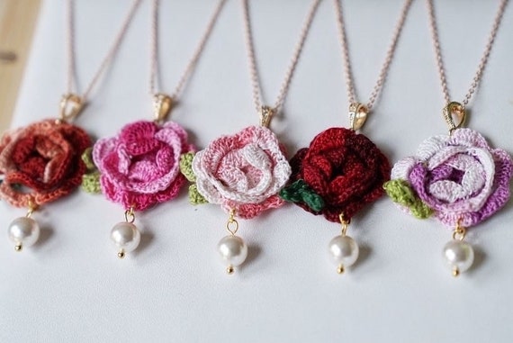 Crochet Rose Necklace With Pearl, Handmade Flower Pendant
