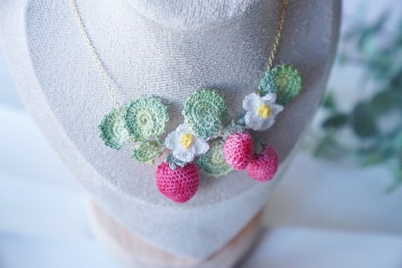 Micro Crochet Strawberry Flower Necklace, 14K Gold Plated Chain - Etsy