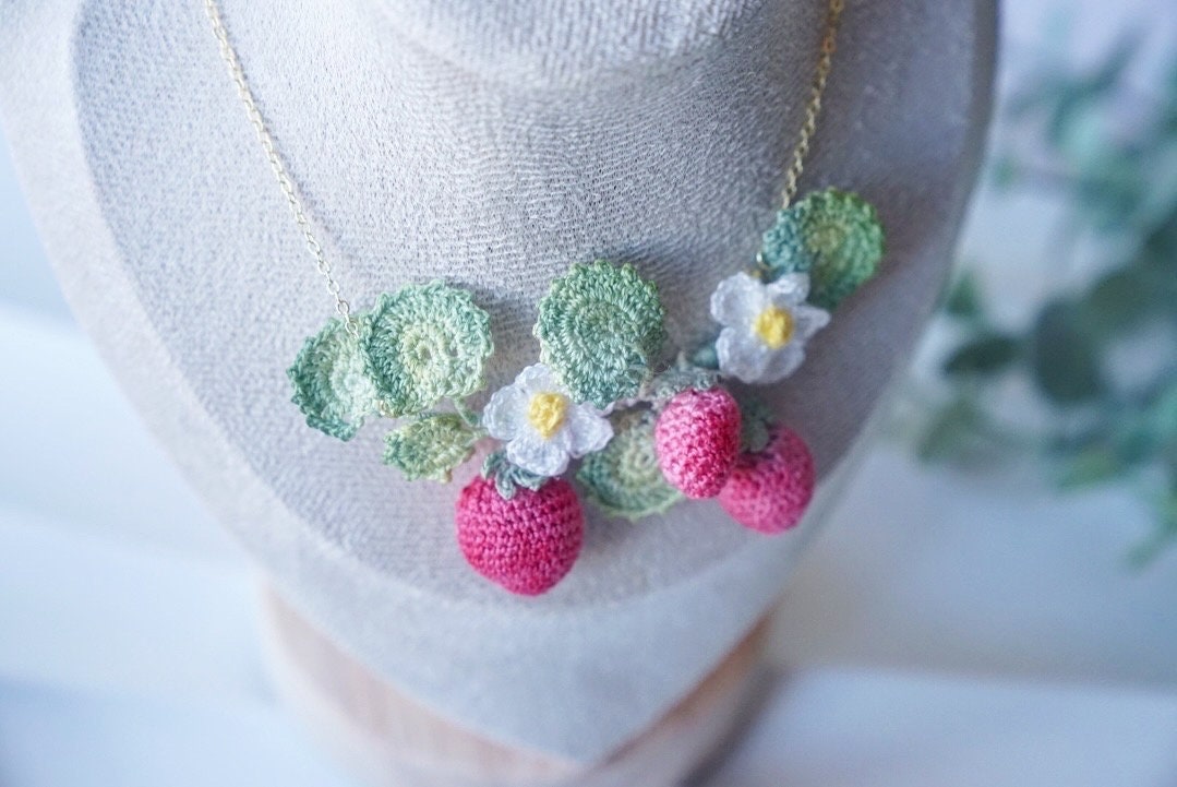 Micro Crochet Strawberry Flower Necklace, 14K Gold Plated Chain - Etsy