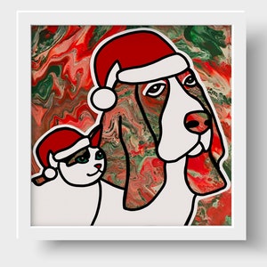 Basset Hound and Cat in Santa Hats: Digital Print