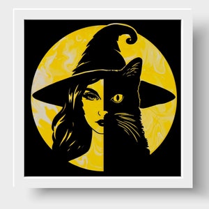 May include: A black and white illustration of a witch with a cat's face. The witch is wearing a pointed hat and has long hair. The background is a yellow circle with a marbled pattern.