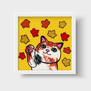 Calico Cat with Fall Leaves: Digital Print