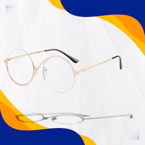 May include: Round eyeglasses with gold rims and black arms. The glasses are on a white background.