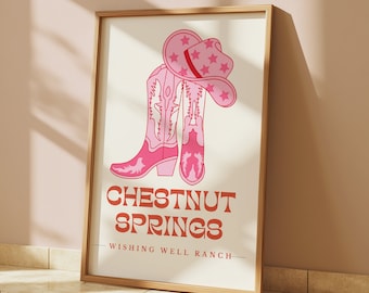 Stampa artistica con stivali da cowboy rosa: decorazione Chestnut Springs (download digitale)