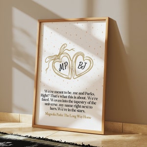 May include: A printable quote about love and fate with a gold locket illustration. The quote reads "We're meant to be, me and Parks. Right? That's what this is about. We're fated. Woven into the tapestry of the universe, my name right next to hers. We're in the stars." The quote is attributed to Magnolia Parks: The Long Way Home.
