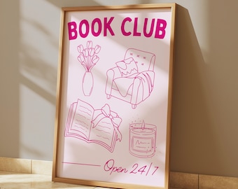 Book Club Print: Girly Pink Reading Nook Decor (Digital Download)