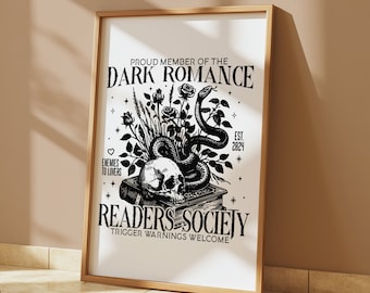 May include: Black and white illustration of a skull, snake, and roses on top of a book. The text "Proud Member of the Dark Romance Readers Society" is below the image. The text "Enemies to Lovers" is above the image. The text "Est. 2024" is to the right of the image.