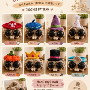 May include: A crochet pattern showcasing big-eyed spider designs, each with a different hat, including a pirate hat, beret, witch's hat, and top hat. The image includes the text "Little Spider Big Personality" and "Crochet Pattern".