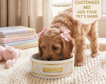 Personalized Dog Bowl Ceramic, Custom Pet Name Food and Water Dish, New Puppy Gift, Cat Feeder, Dishwasher Safe, Gotcha Day Gift, 16oz.