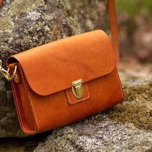 Small Handmade Leather Crossbody Purse Orange Full Grain Leather Made in the USA image 1