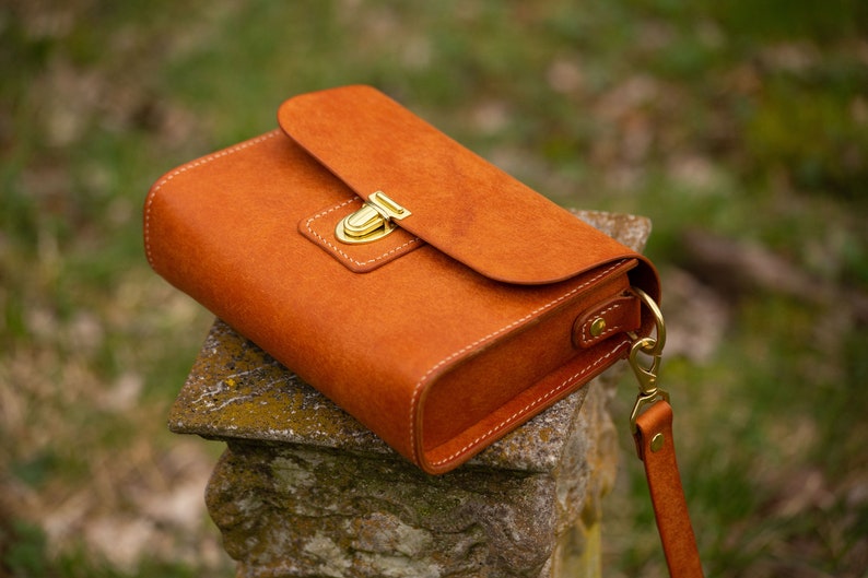 Small Handmade Leather Crossbody Purse Orange Full Grain Leather Made in the USA image 3