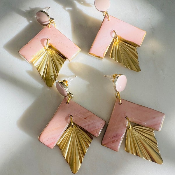 Light Pink Polymer Clay Earrings with gold accent piece