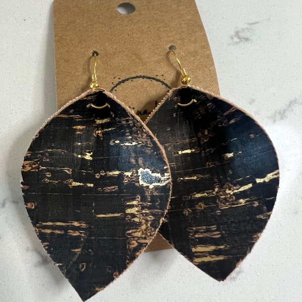 Black & Gold Fleck Cork Pinched Leaf Earrings