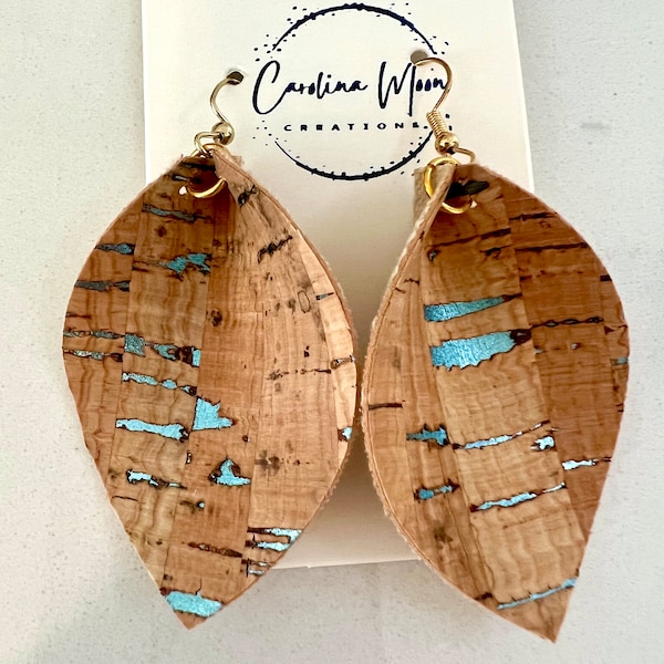 Blue & Gold Fleck Cork Pinched Leaf Earrings