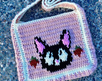 Handmade pink and white crochet strawberry tuxedo cat bag tote handbag kitty knit crossbody