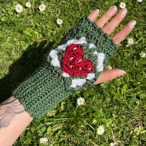 Handmade crochet strawberry patch fingerless gloves arm warmers image 1