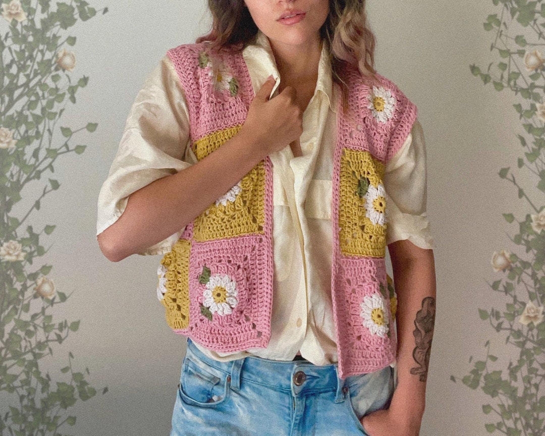 Crochet Patchwork Retro Vintage Style Funky Daisy Flower Vest Etsy