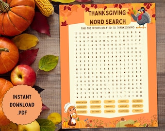 Thanksgiving Printable Word Search | Holiday Party Game for Kids and Adults | Friendsgiving Day Puzzle | Instant Digital Download