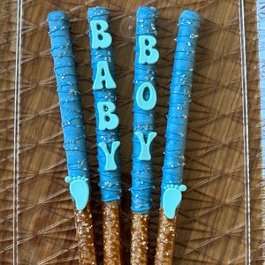 Baby Shower Gender Reveal Cake Table Dessert Favors Blue Pink Chocolate Pretzel Rods
