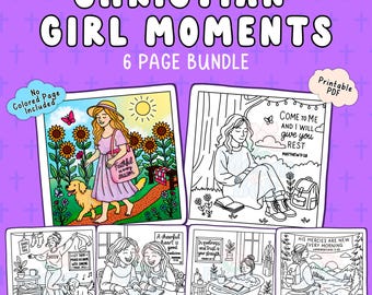 Bloom and Bolt Christian Girl Moments Coloring Pages | Faith Coloring Book PDF | 6 Printable Hand-Drawn Designs with Bible Verses for Women