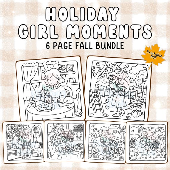 Bloom and Bolt Holiday Girl Moments Fall Coloring Pages | Cozy Autumn Coloring Book PDF | 6 Hand-Drawn Printable Pages for Adults & Teens
