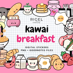 Kawaii Cute Breakfast Digital Planner Stickers | Pre-cropped Daily GoodNotes Stickers, Hand Drawn PNG ClipArt, Meal prep, Icons, Bundle Pack