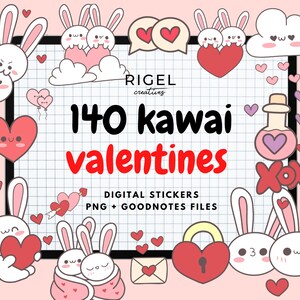 Cute Couple Bunnies Kawaii Digital Sticker Pack | 140 Kawaii Cute Valentine's Goodnotes, Digital Planner PNG Pre-Cropped Goodnotes File