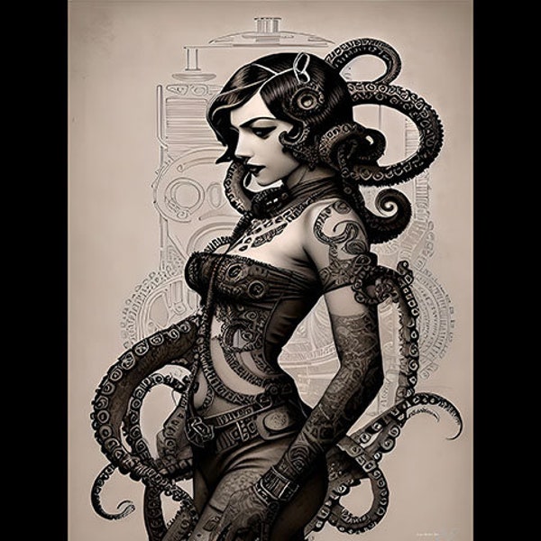Art Print - Steampunk Octopus Woman - Digital Download -AI Art