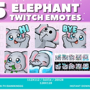 5 Cute Elephant Twitch Emotes | Emote Pack | Hi Bye Cozy Eat Dead