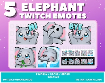 5 lindos emoticonos de contracción elefante / paquete de emote / Hi Bye Cozy Eat Dead