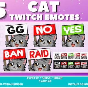 5 Cute Cat Twitch Emotes | Grey | Emote Pack | Kitty Cat Kitten Ban GG Raid Yes No