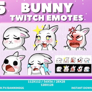 5 Cute Bunny TWITCH EMOTES | White | Emote Pack | Bunny | Rabbit | Kawaii