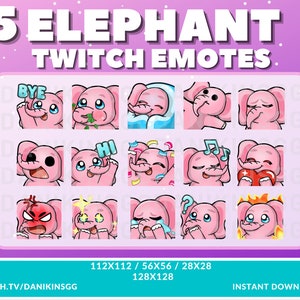 15 Cute PINK Elephant Twitch Emotes | Emote Pack | Hi Bye Cozy Hype Love Rage Pog Sad Think Eat Feelsbad This is fine