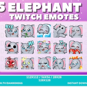 Könnte beinhalten: Ein Set mit 15 animierten Twitch-Emojis, die einen niedlichen Cartoon-Elefanten mit verschiedenen Gesichtsausdrücken zeigen. Die Emojis sind in verschiedenen Größen verfügbar, darunter 112x112, 56x56, 28x28 und 128x128 Pixel. Die Emojis beinhalten Ausdrücke wie "Tschüss", "Hallo", "Musik", "Liebe", "Wütend", "Weinen" und "Verwirrt".