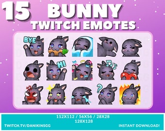 15 BUNNY TWITCH EMOTES | Black | Emote Pack | Bunny Emotes | Rabbit Emotes