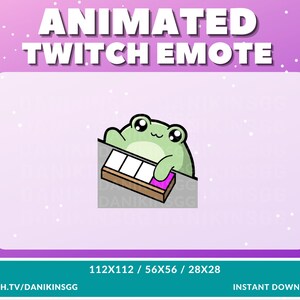 May include: Animated Twitch emote featuring a green frog playing a pink and white keyboard. The emote is available in three sizes: 112x112, 56x56, and 28x28.  Download it at twitch.tv/danikinsgg.