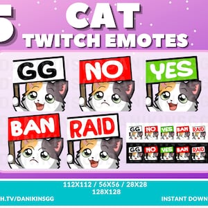 5 Cute Cat Twitch Emotes | Calico | Emote Pack | Kitty Cat Kitten Ban GG Raid Yes No
