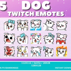 15 Cute Dog Twitch Emotes | White | Emote Pack | Puppy