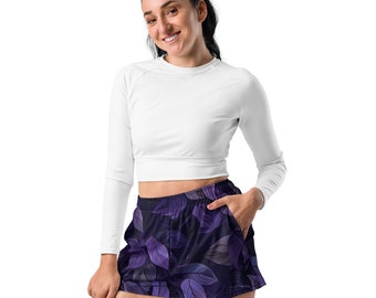 Recycelte Sport-Shorts für Damen, lila Blätter