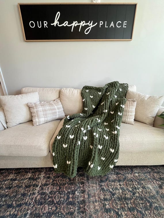 Green Soft Blanket -Heart Pattern Handmade Blanket - Hand Knit Crochet Blanket - Green Throw Blanket - Perfect Birthday Gift - Birthday Gift