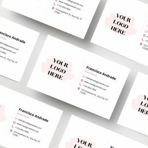 May include: A business card with a pink watercolor design and the text "YOUR LOGO HERE". The card includes the name "Francisco Andrade", the title "Brand Owner", and contact information including an email address, website address, phone number, and physical address.