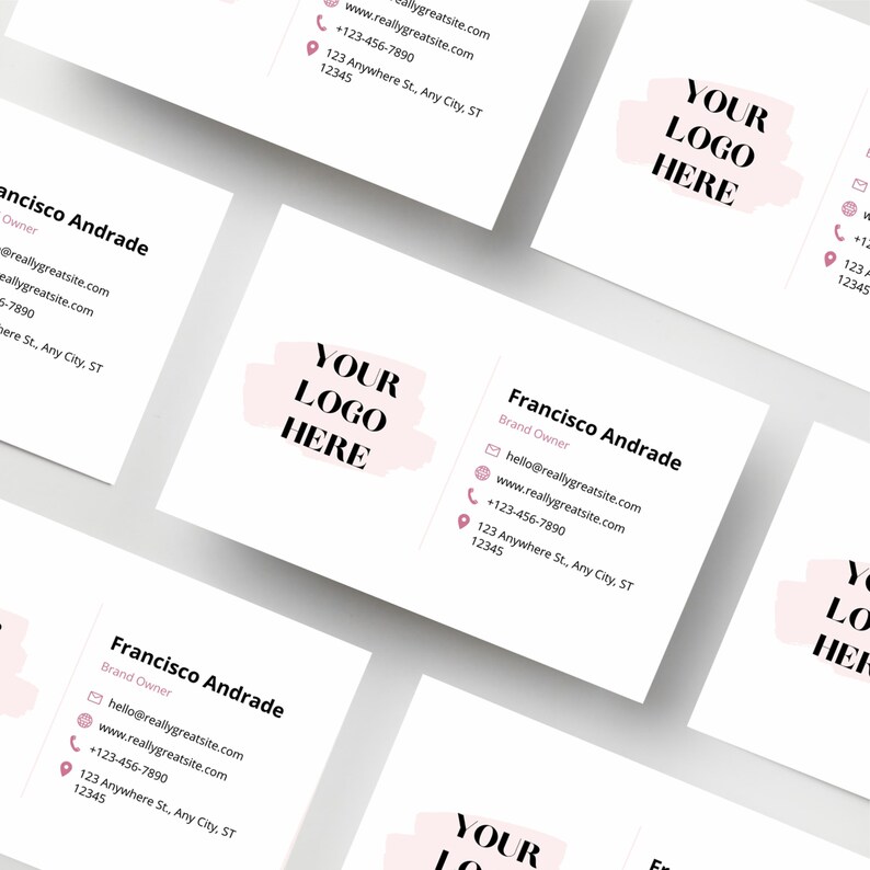 May include: A business card with a pink watercolor design and the text "YOUR LOGO HERE". The card includes the name "Francisco Andrade", the title "Brand Owner", and contact information including an email address, website address, phone number, and physical address.
